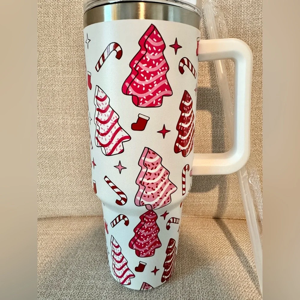 New XL Christmas Tree Cake Stainless Steel Metal Travel Mug Cup Tumbler 40oz